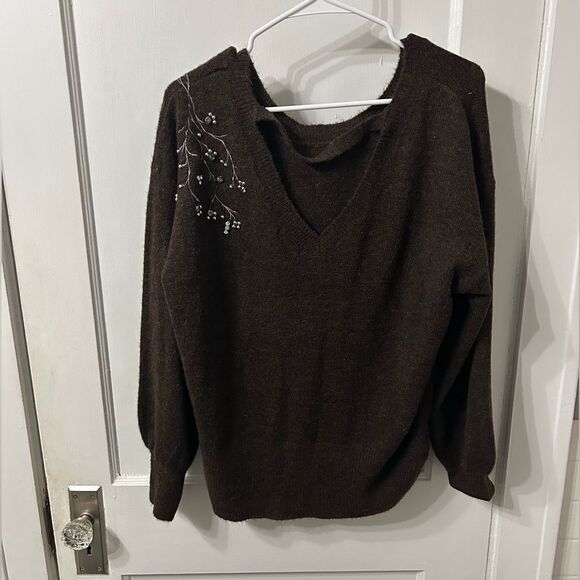 Democracy Brown Crew Neck Sweater with Embellished Shoulder - Picture 3 of 4